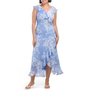 LONDON TIMES Blue/white Ruffle Wrap Maxi Dress